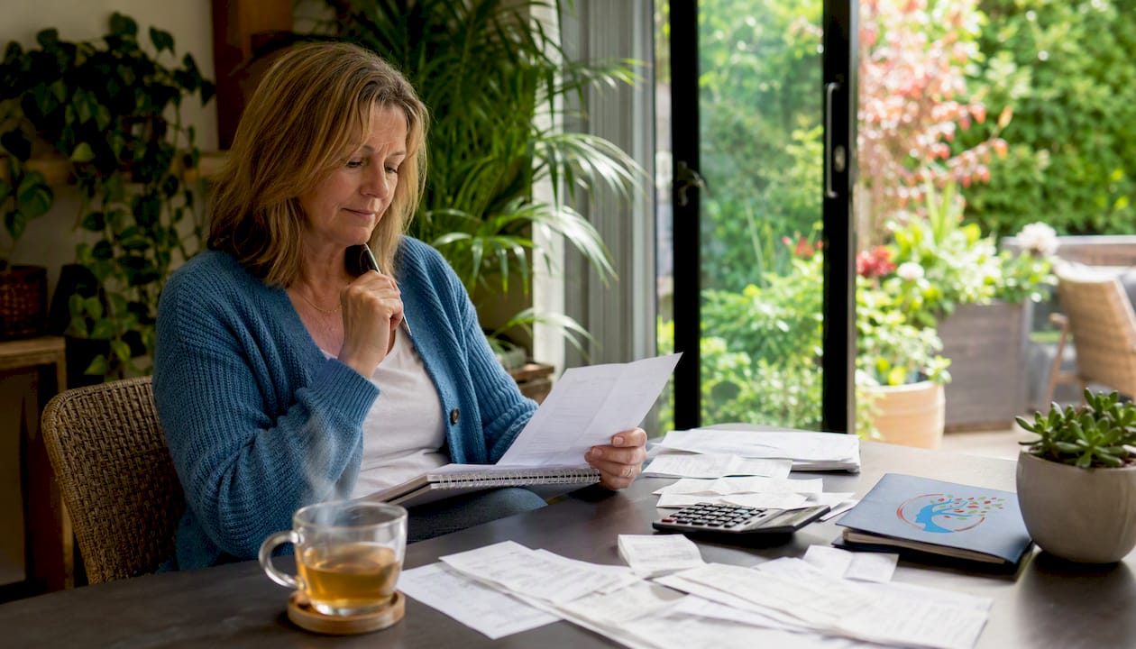 Woman managing Reiki session payments at home table