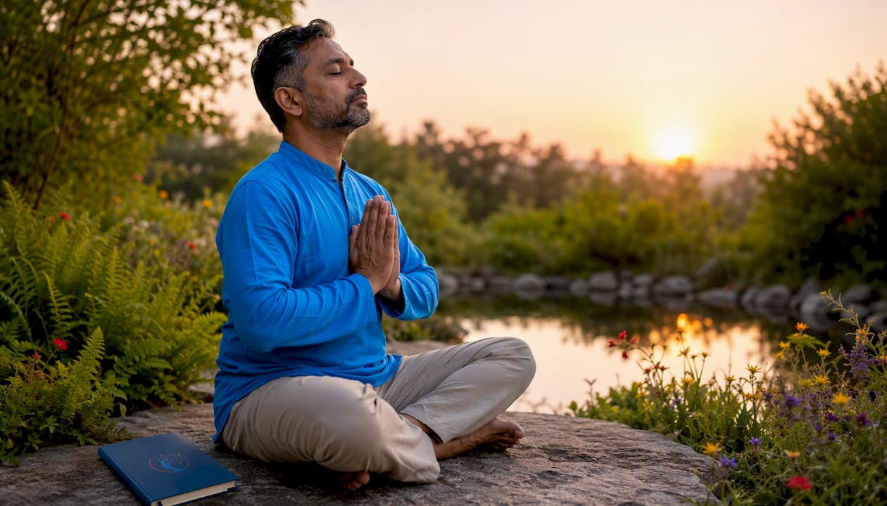 Man practicing grounding breathwork outdoors dawn