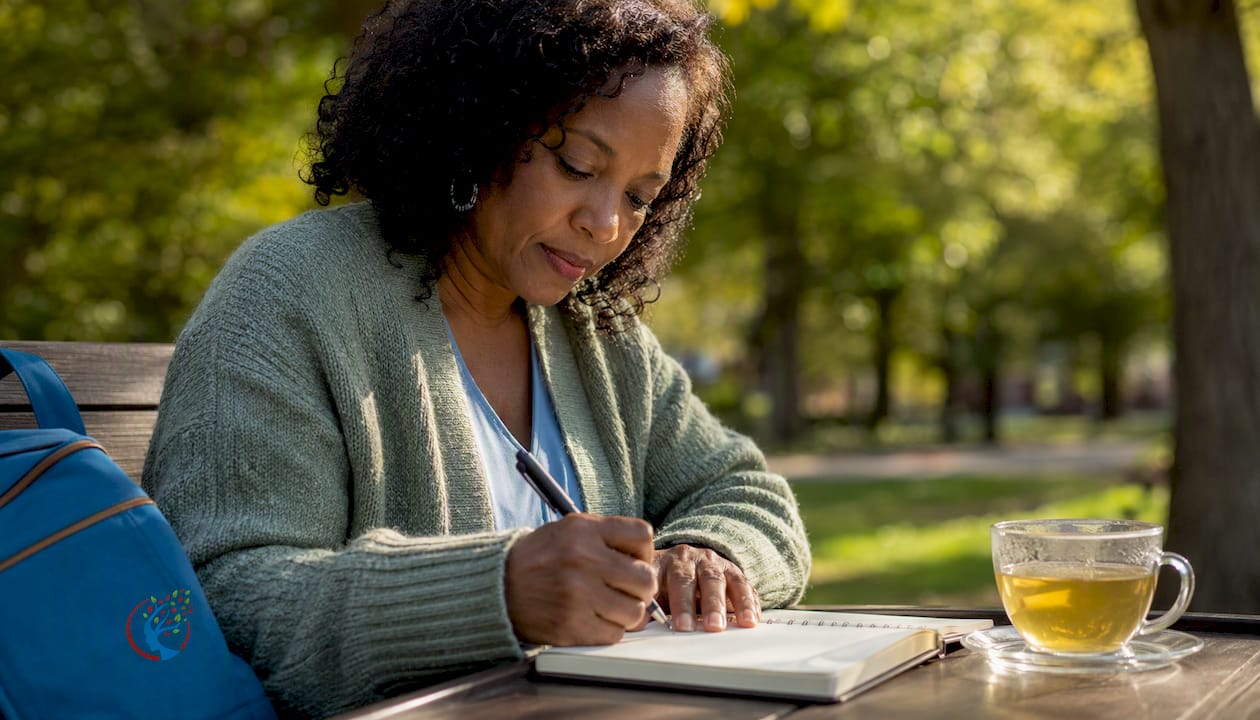 Woman writing emotional boundary scripts in cafe