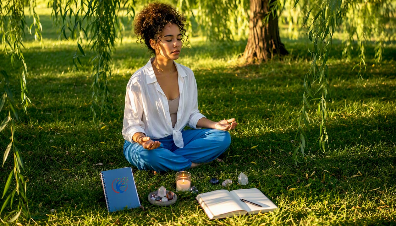 Woman meditating daily energy protection at home