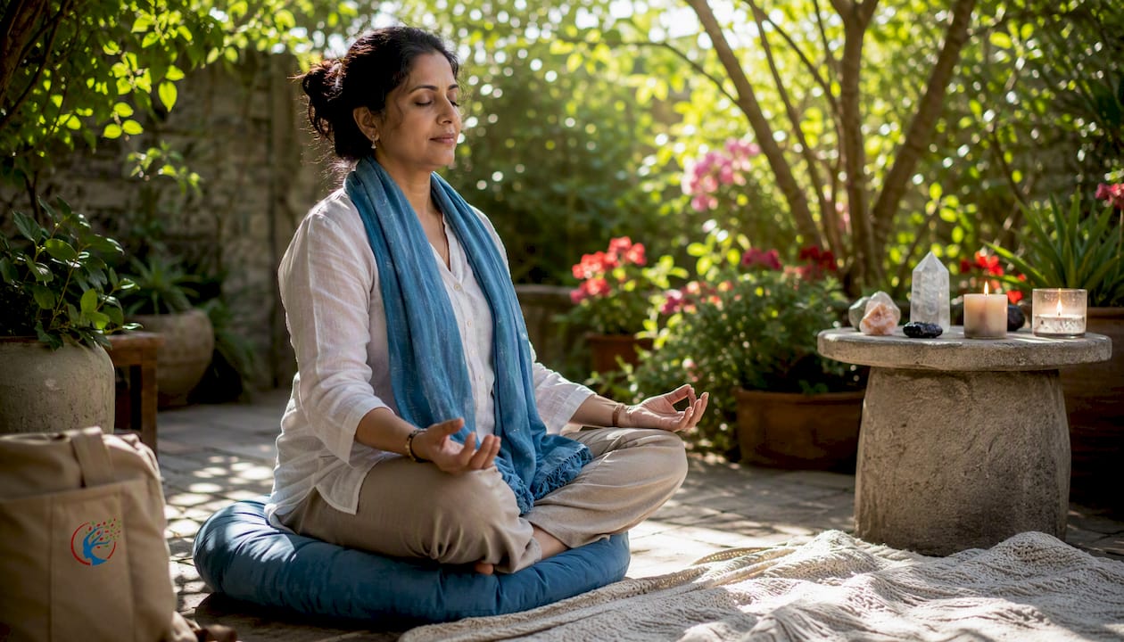 Woman meditating in peaceful home corner