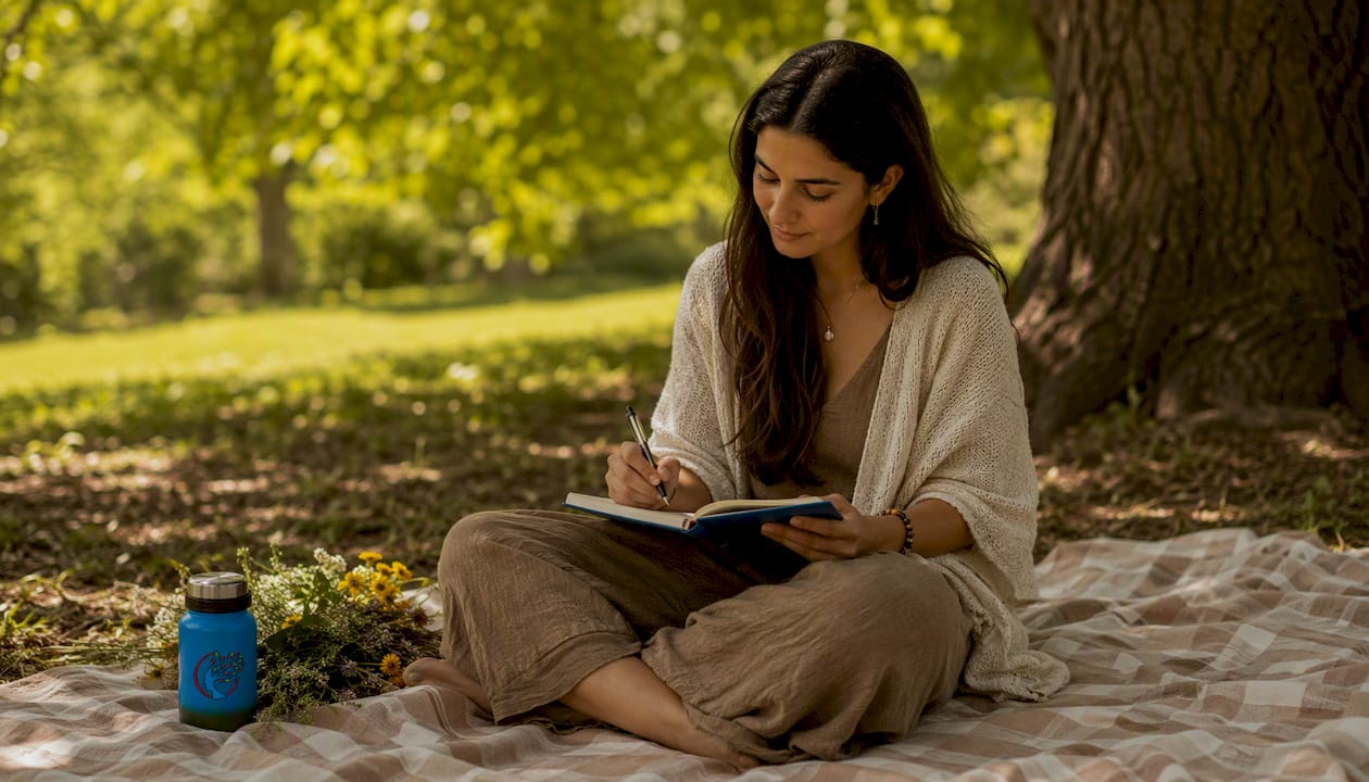 Woman journaling in sunlit living room