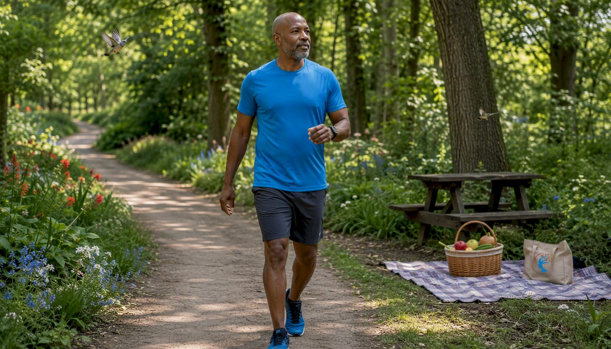 Man brisk walking in urban park