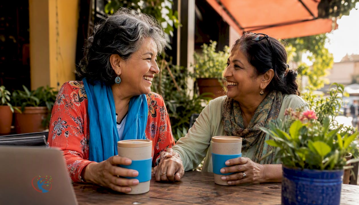 Two women sharing tea in garden bench