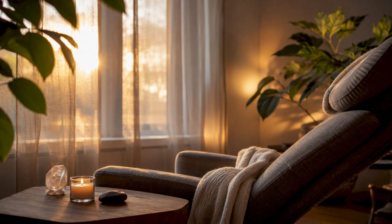 Calm therapy room setup for regression session