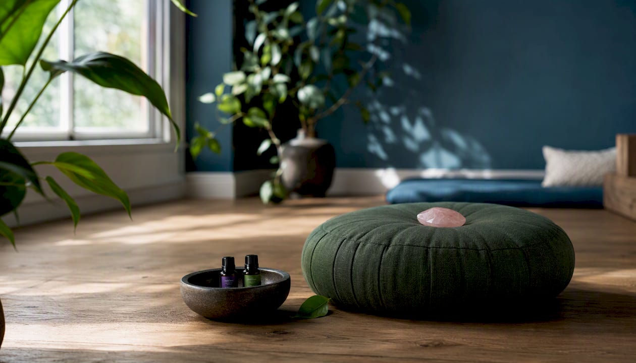 Meditation space with heart chakra healing props
