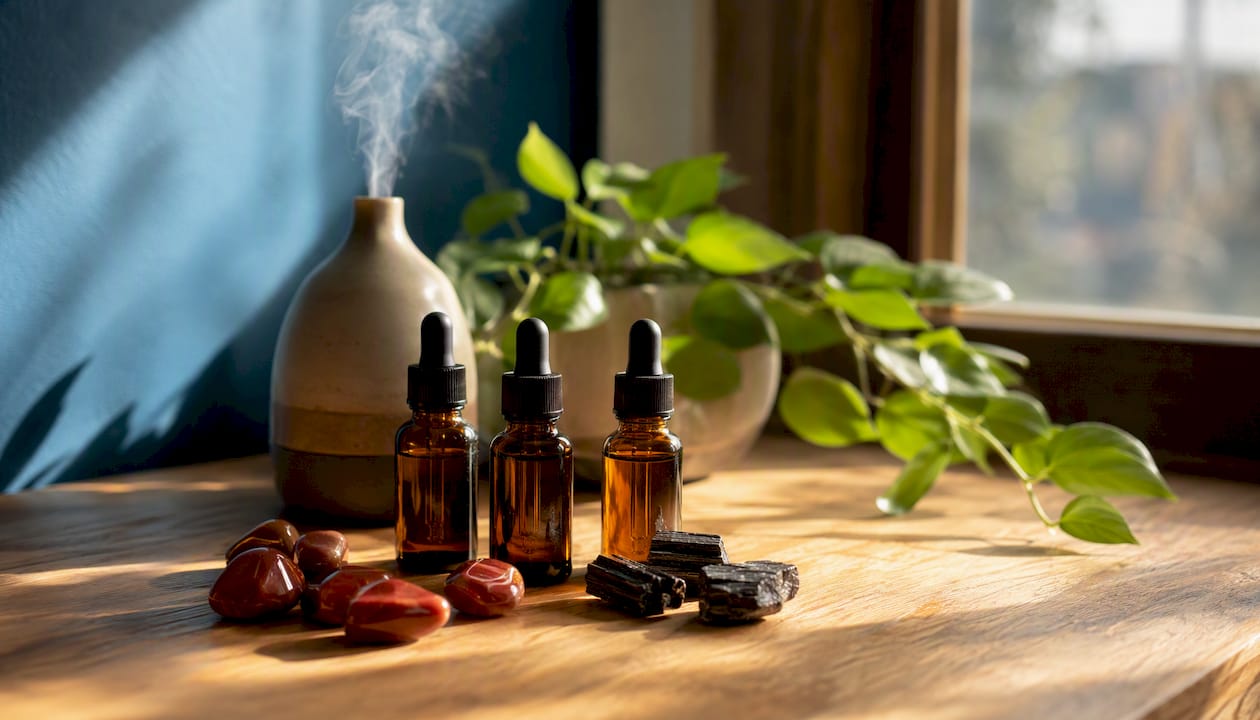 Essential oil bottles and grounding crystals on wood table