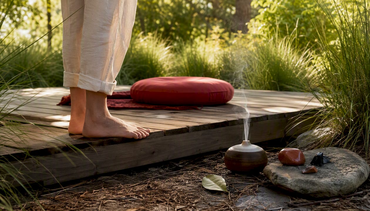 Bare feet pressing into rug by root chakra meditation props