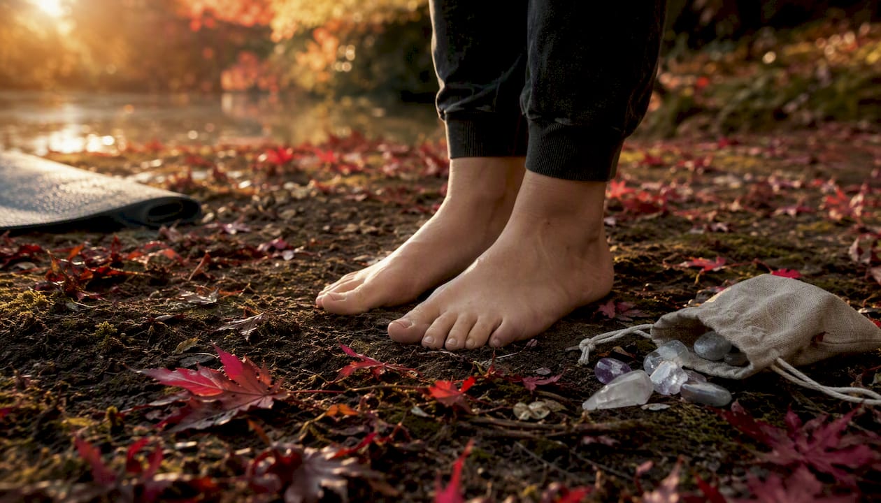 Bare feet gently pressing on green grass outdoors