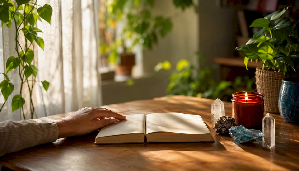 Quiet space with journal and crystals for healing reflection