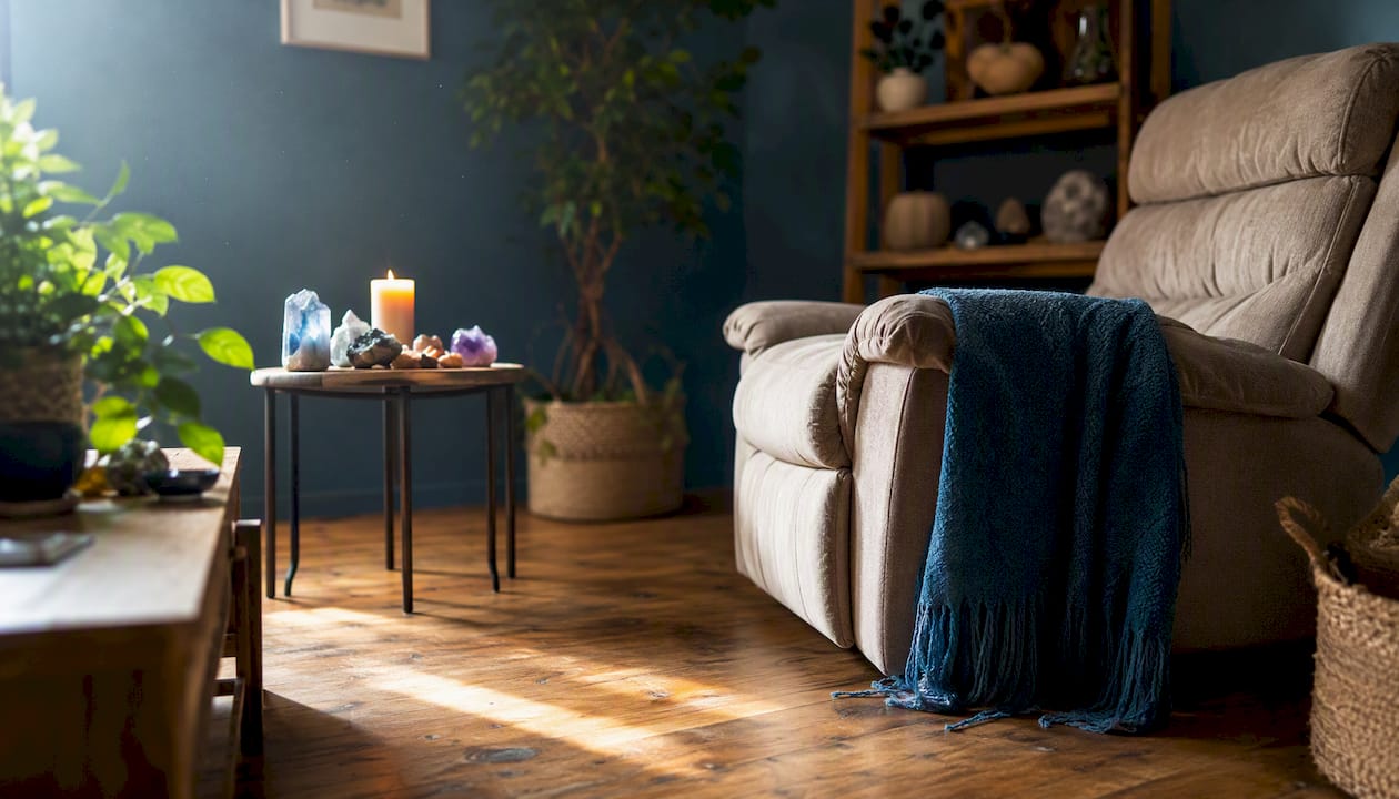 Calm therapy room setup for emotional release session