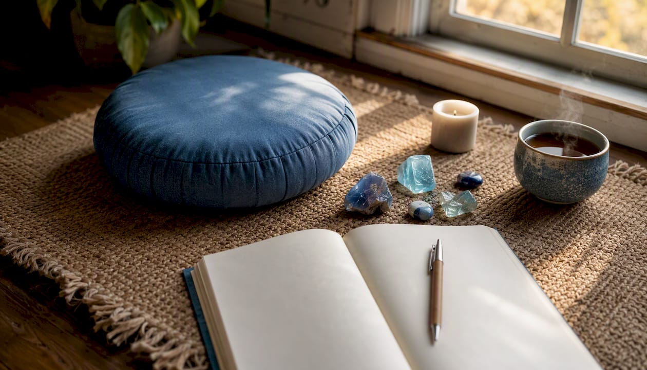 Crystals and journal in meditation space