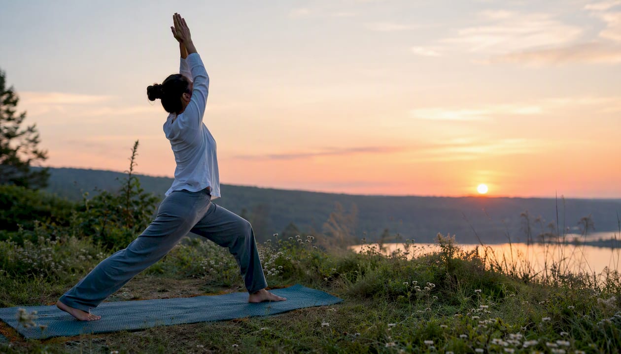Person performing sun salutation at sunrise