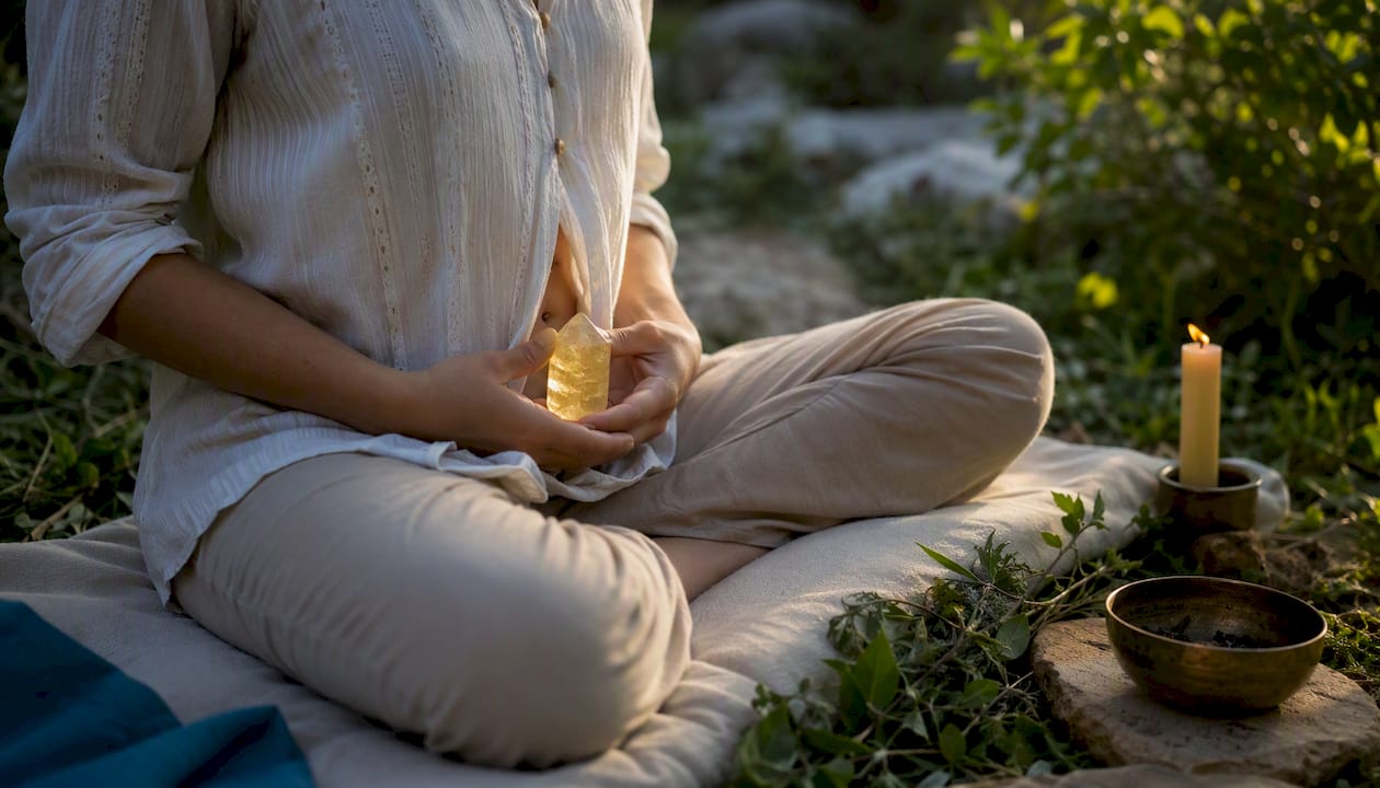 Hands holding citrine crystal near solar plexus