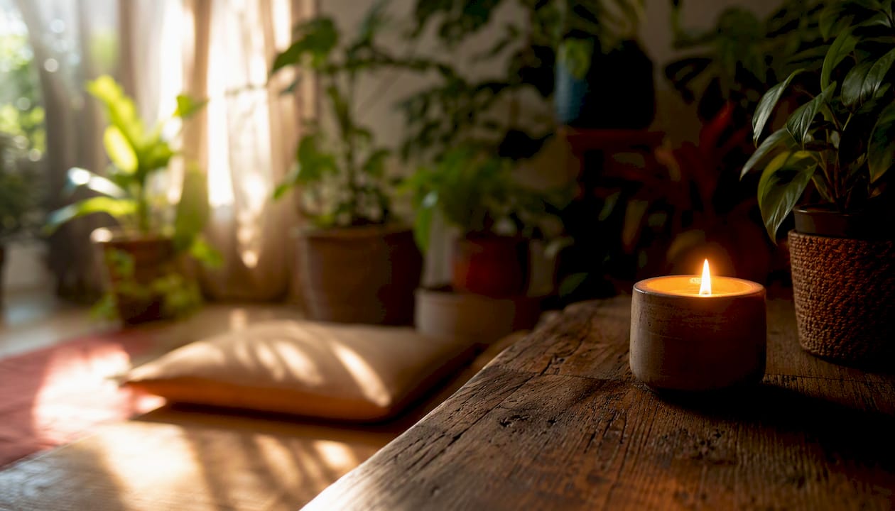 Lit candle flame in meditation setting