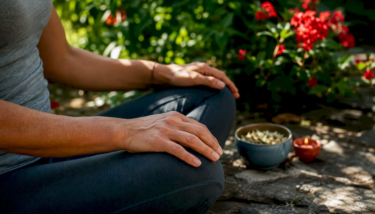Hands resting on abdomen in breathwork