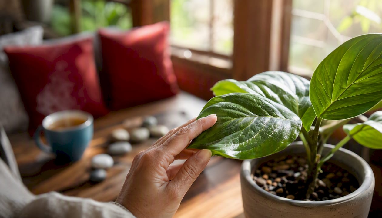 Hand touching plant leaf for grounding exercise