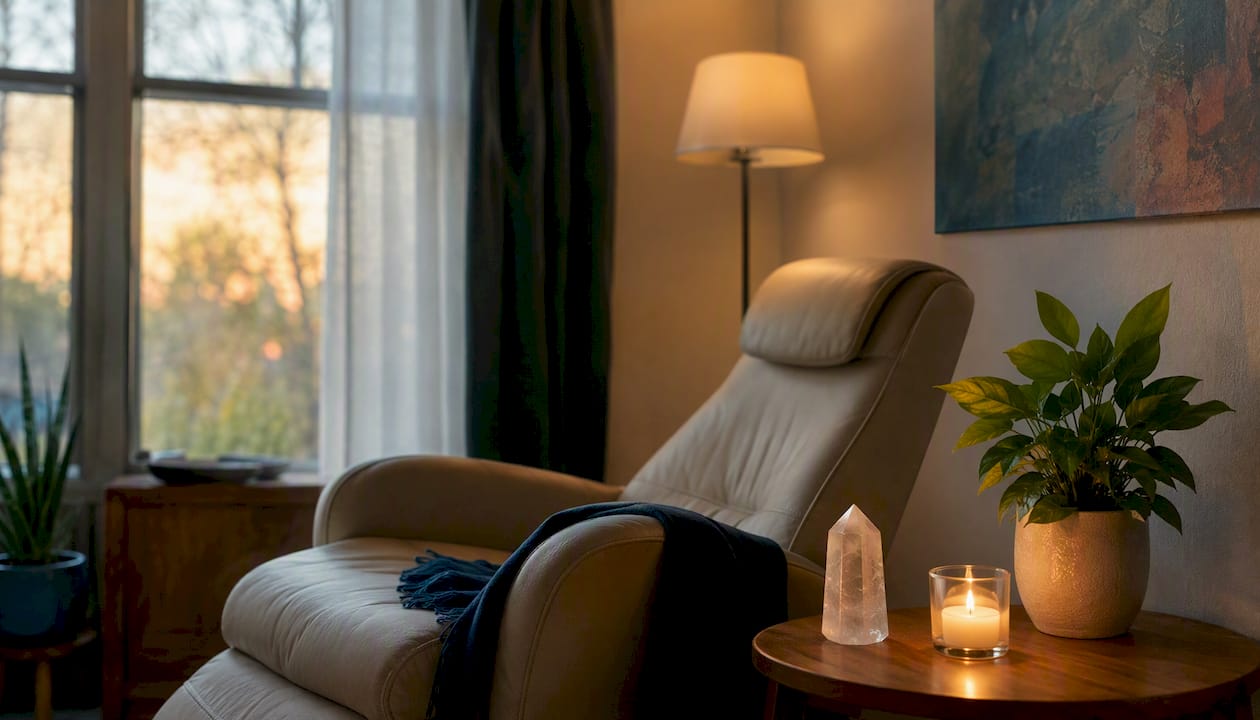 Calm therapy room with meditation props