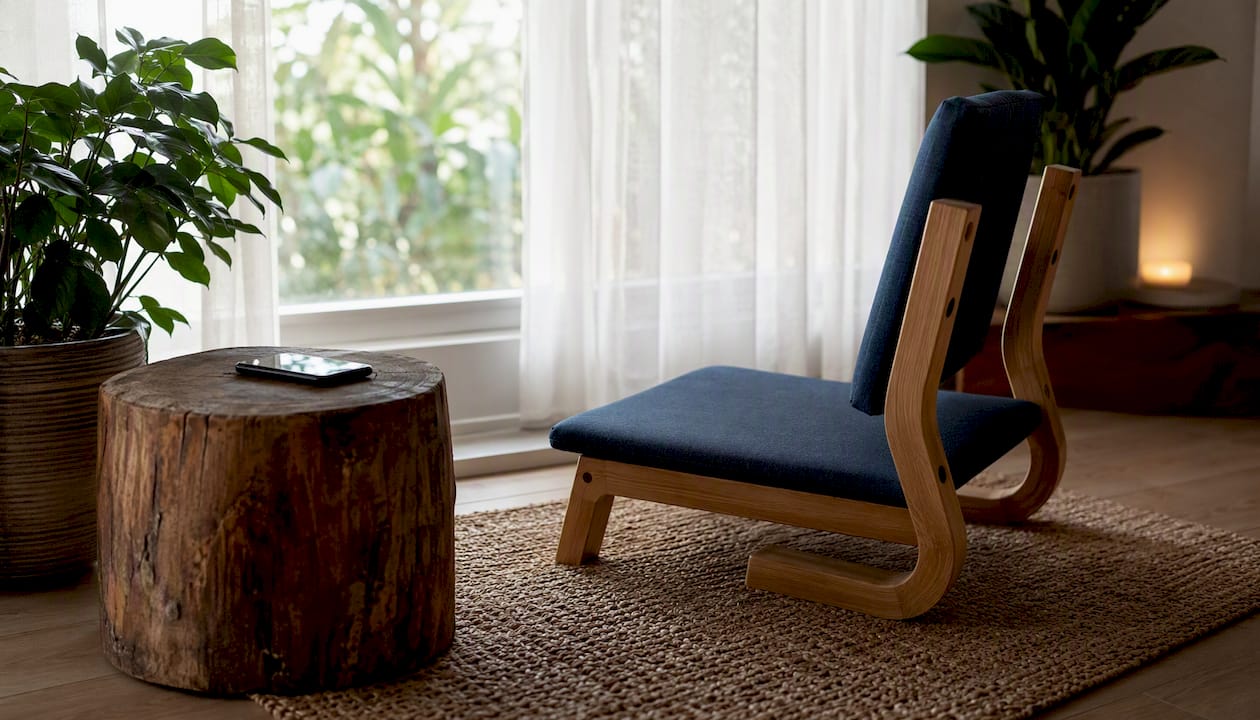 Minimalist meditation chair and silent phone