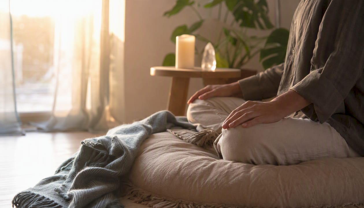 Hands resting on lap in meditation space