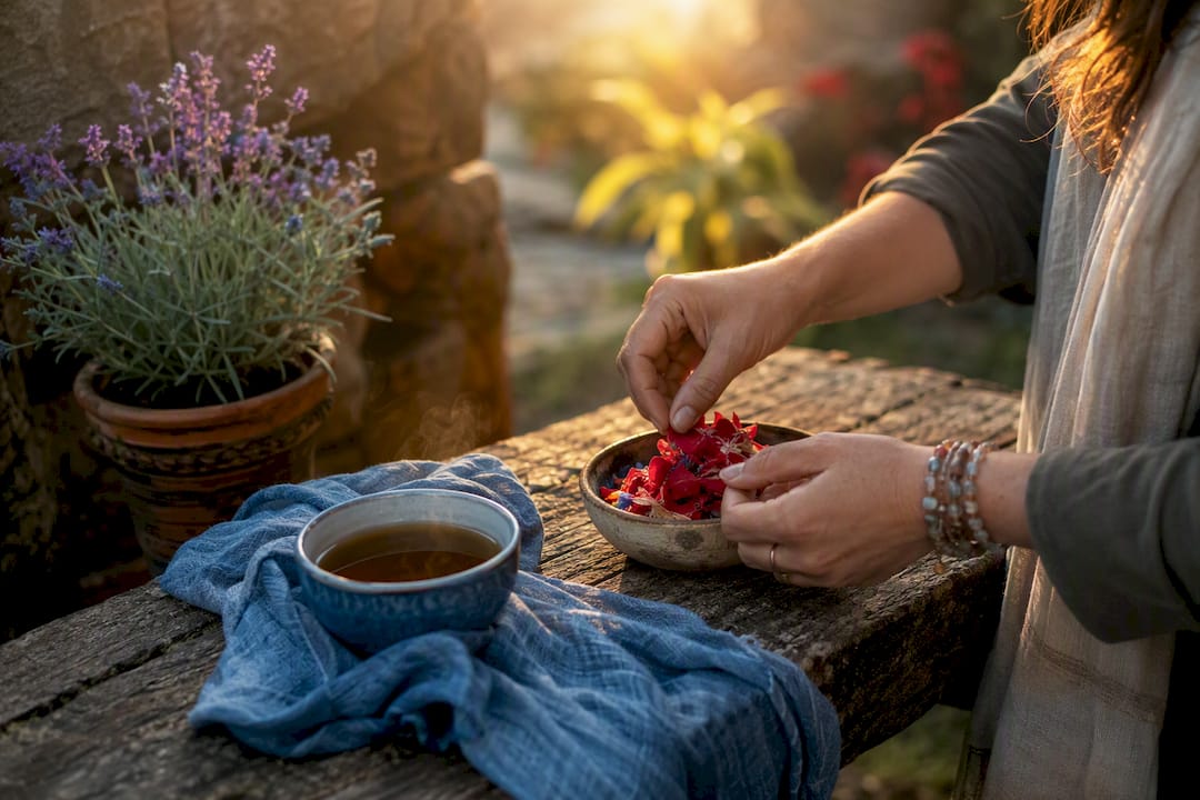 Hands writing journal outdoors morning