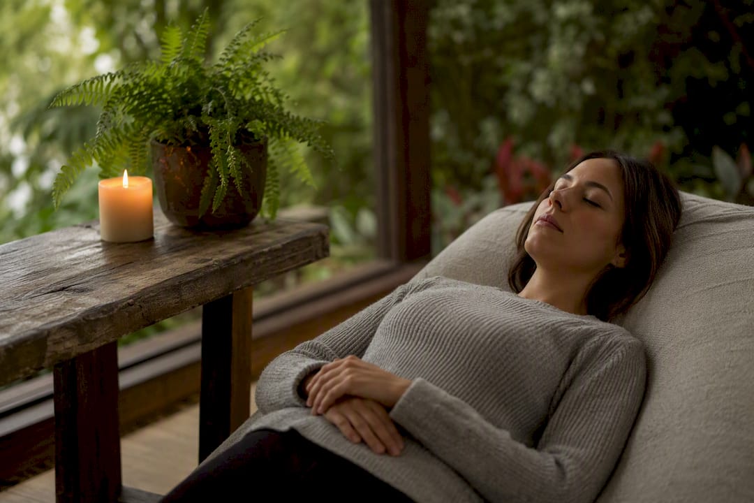 Person lying awake in soft dawn bedroom