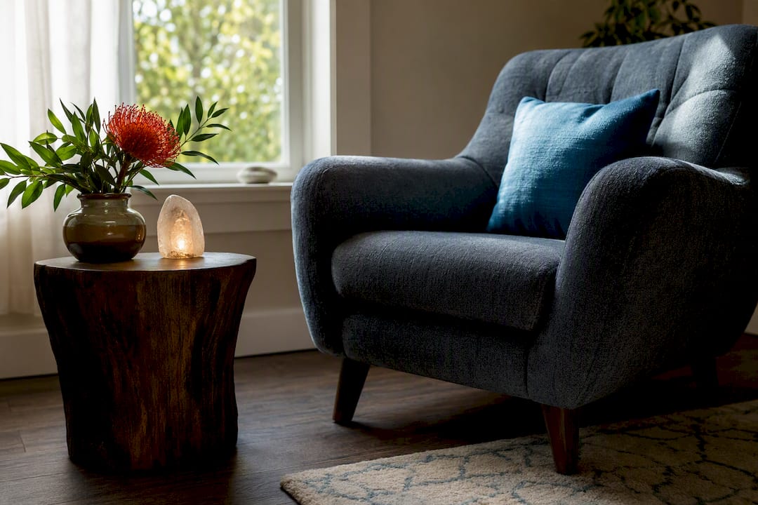 Serene healing therapy room with natural decor