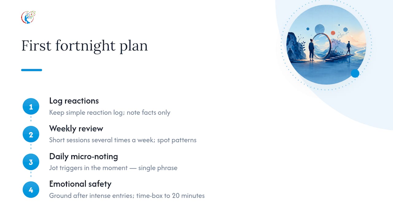 Diagram of beginner shadow work fortnight plan steps