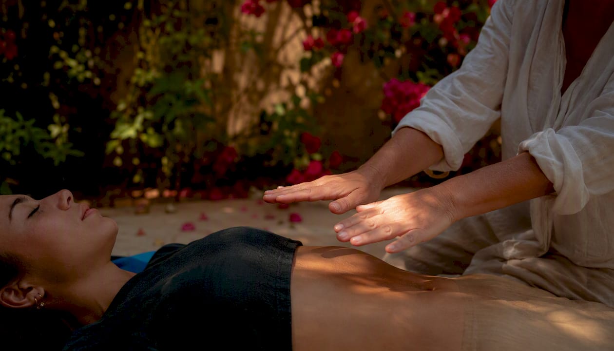 Hands performing diagnostic body scan over torso