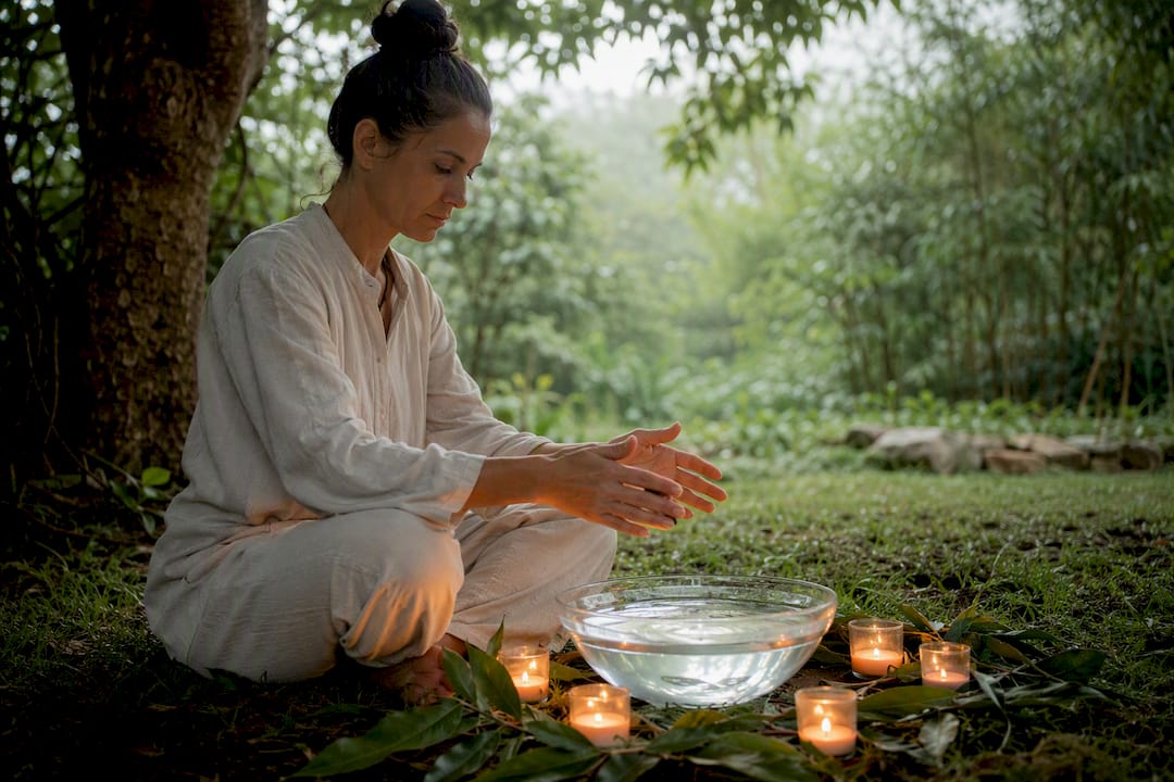 Hands hovering over water bowl and orange candles