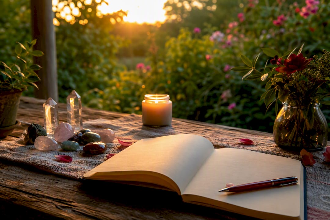 Altar with candle, crystals, and journal