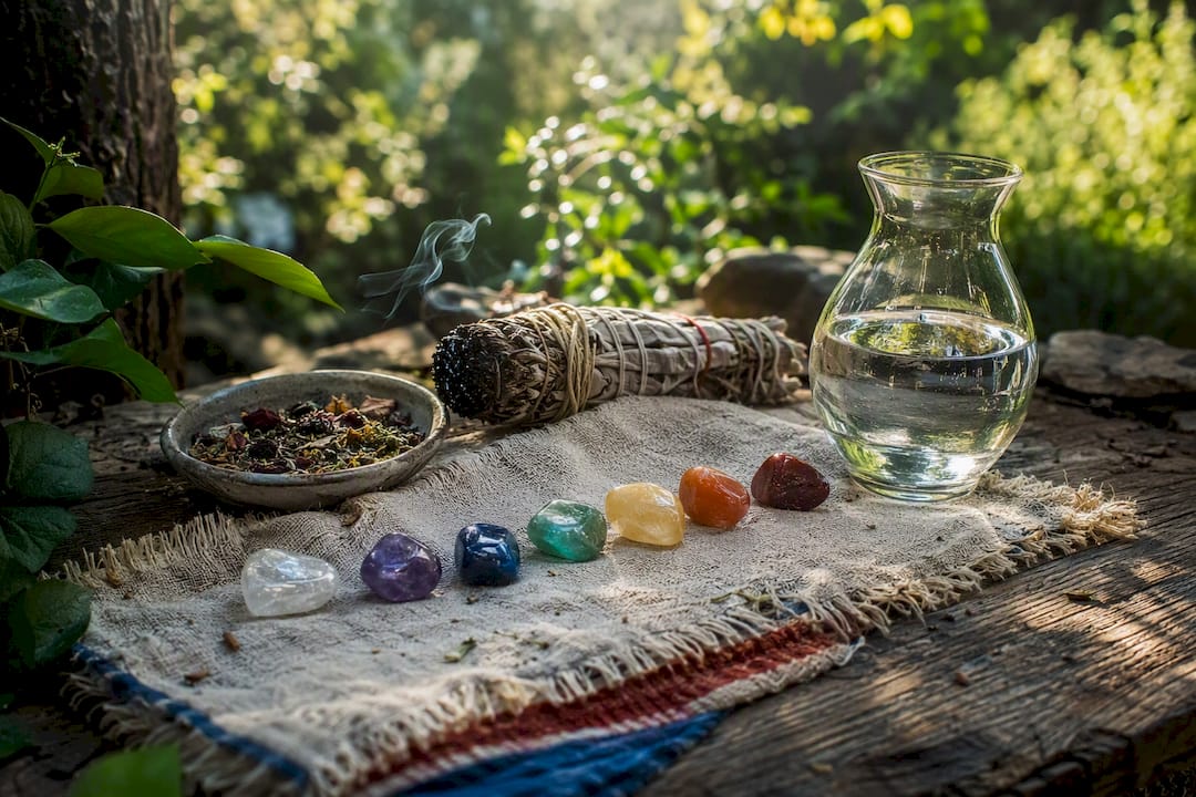 Chakra stones and energy healing tools on table