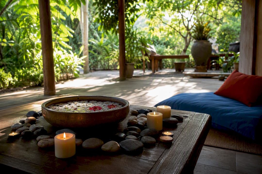 Healing tools arranged on wooden table