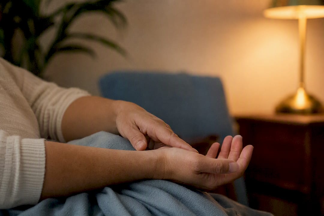 Hands gently touching forearm skin