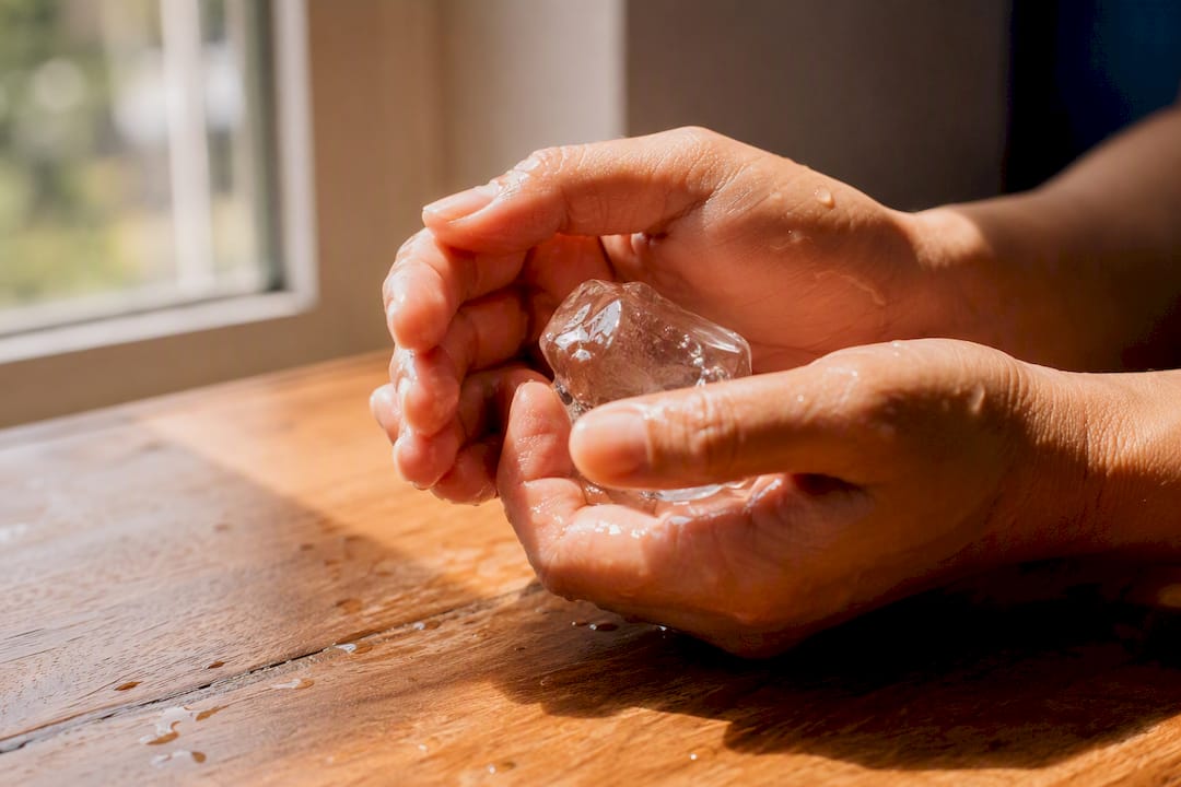 Hands holding cold ice cube with water droplets