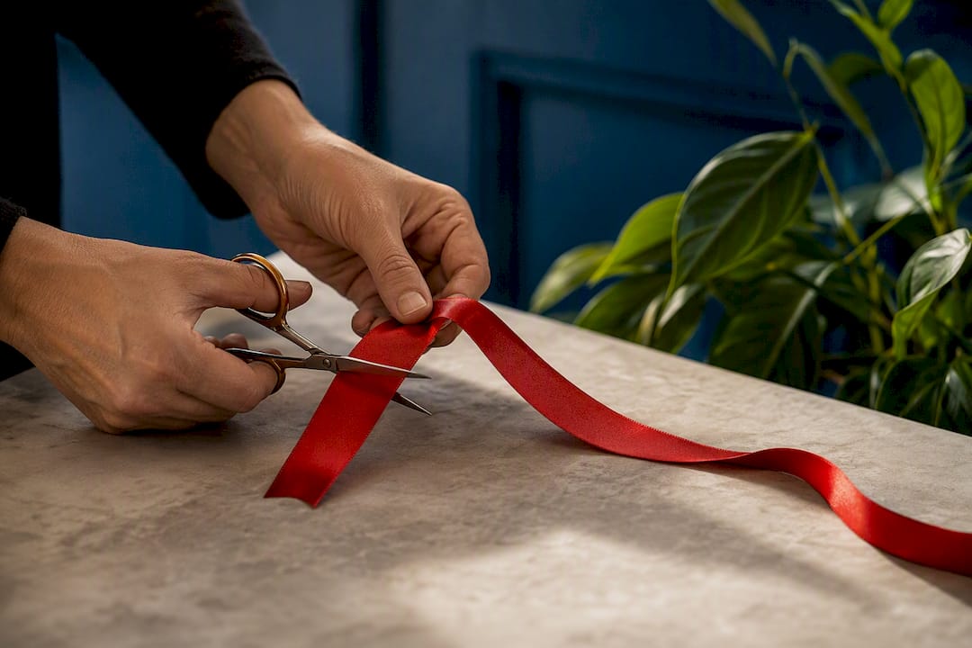 Hands cutting a symbolic red ribbon