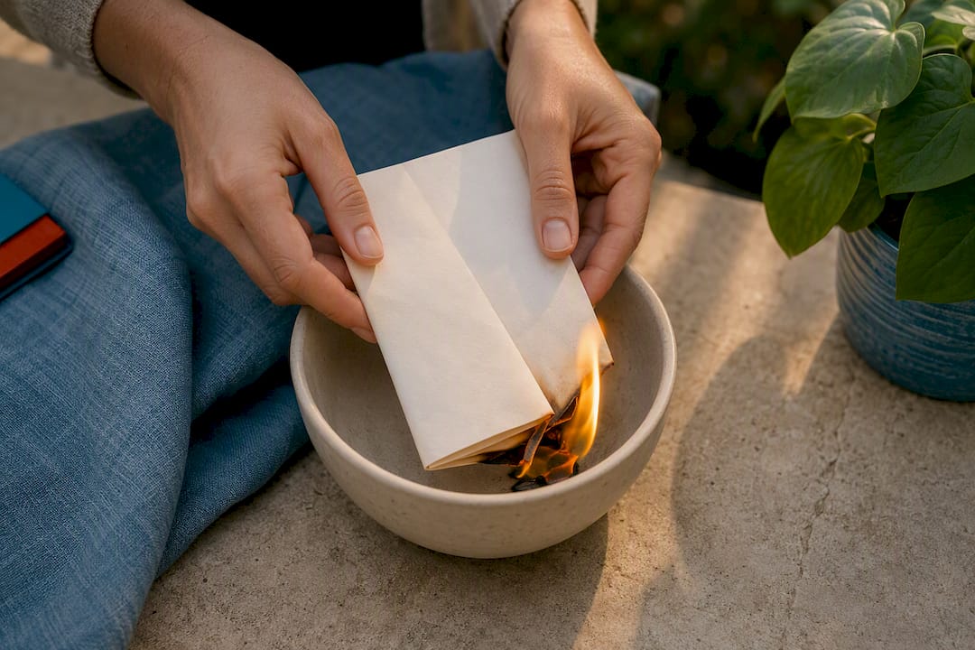 Hands placing folded letter into fireproof bowl