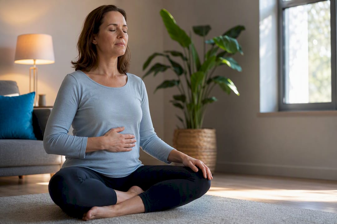 Adult practising calm breathing at home