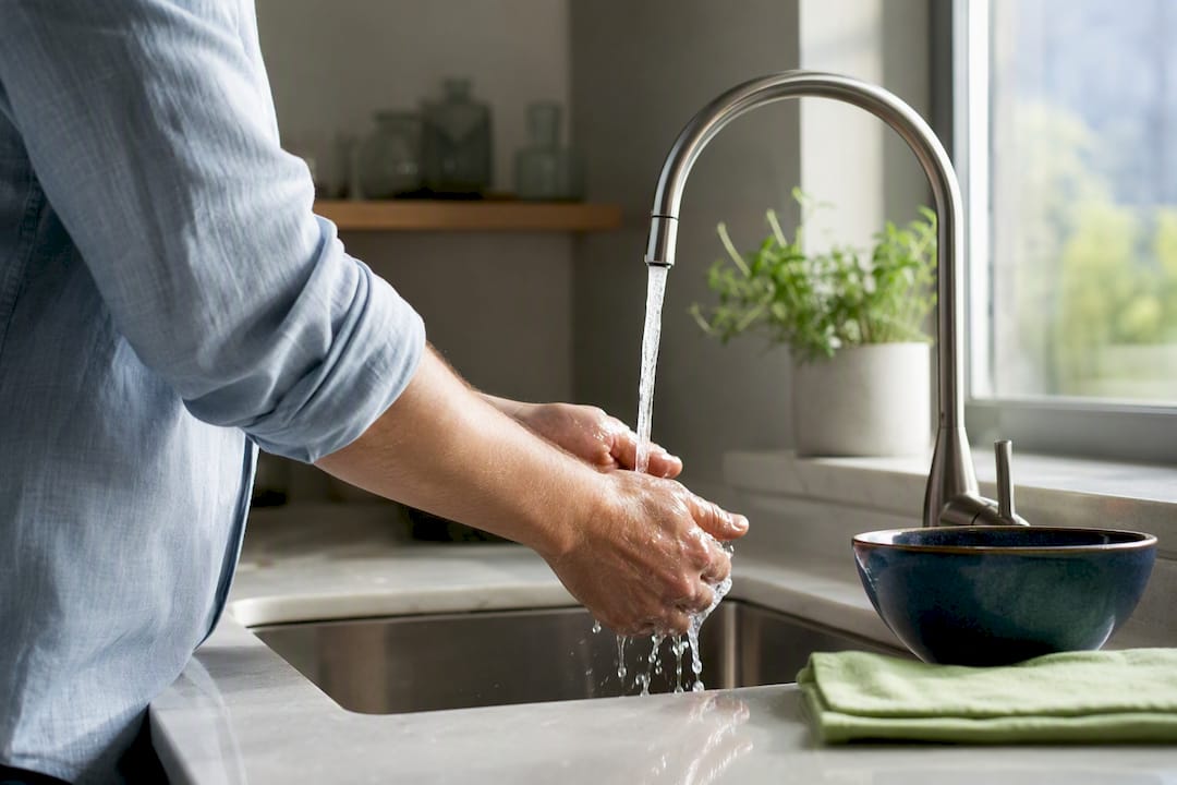 Adult washing hands once at kitchen sink