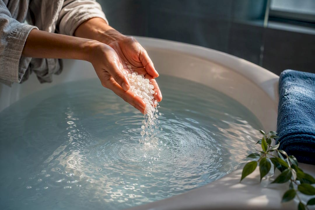 Hands dissolving salt into a warm bath