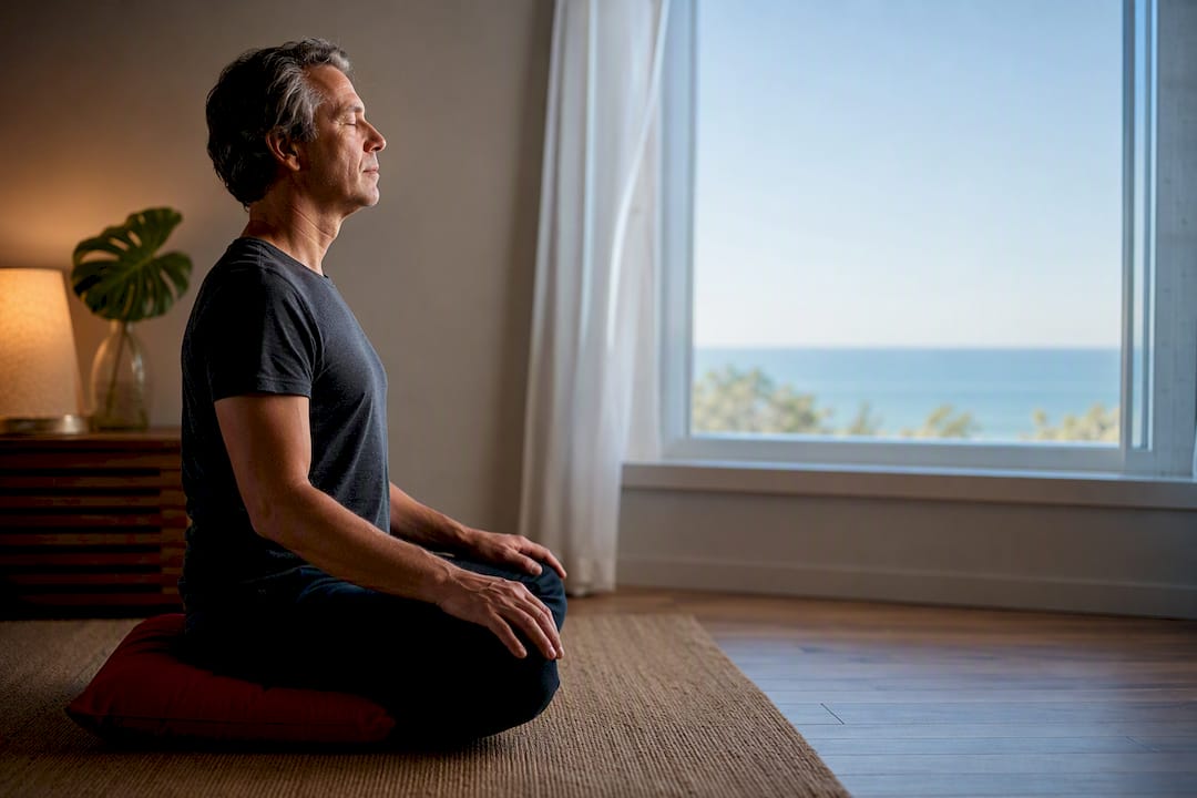 Person practicing calm breathing before healing