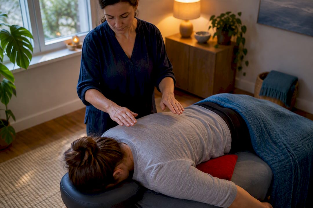 Reiki practitioner treating client with physical pain