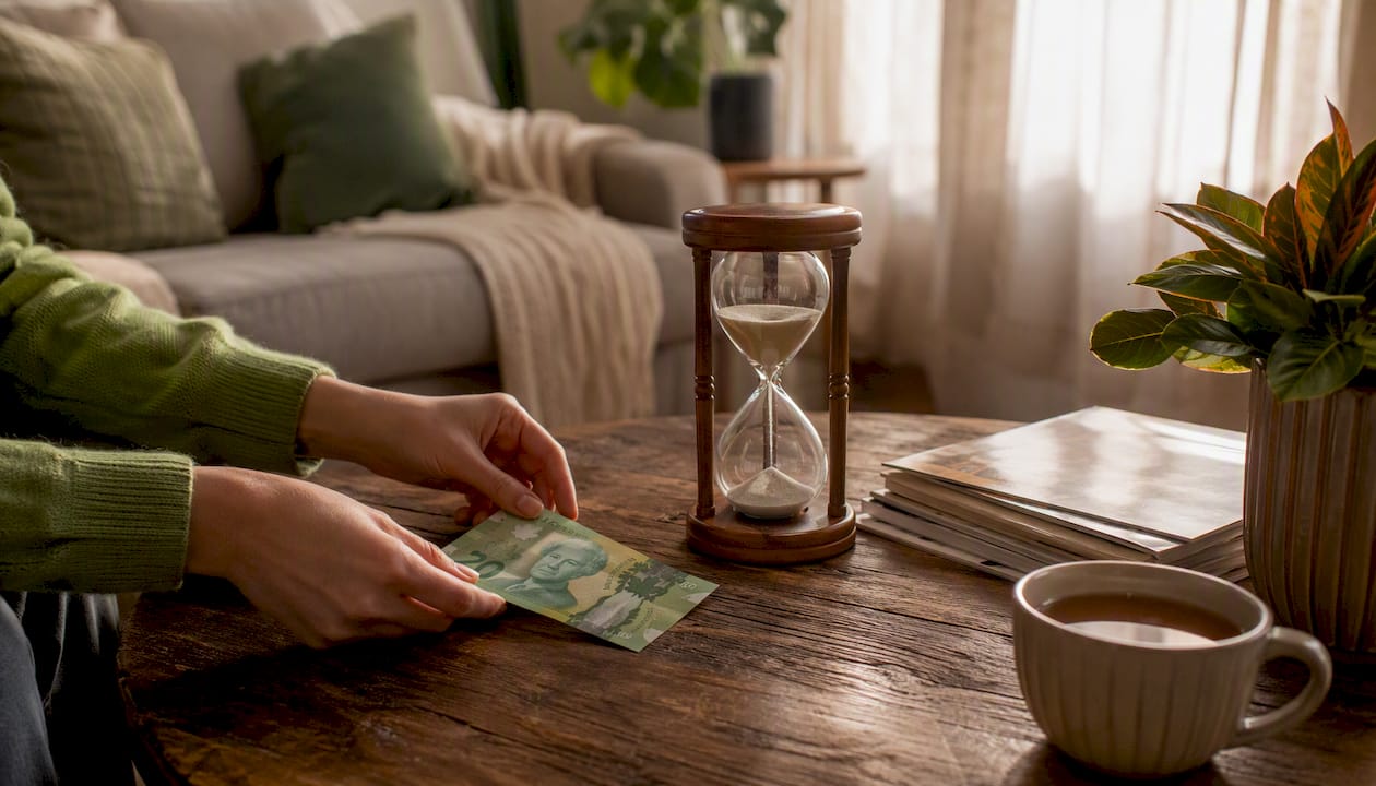 Hands holding money and timer on desk