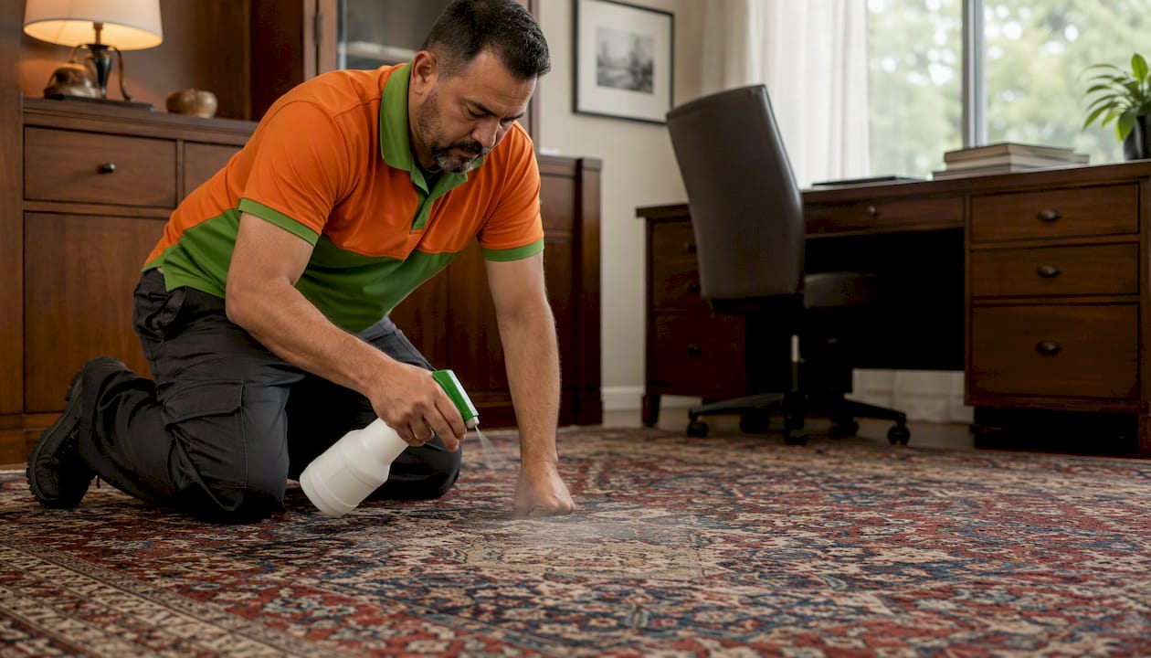 Technician spraying carpet deodorizer in home living room
