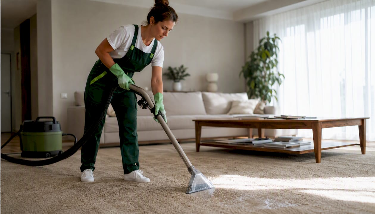 Professional using hot-water extraction machine on carpet