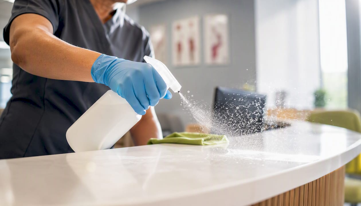 Cleaning professional spraying disinfectant in medical office