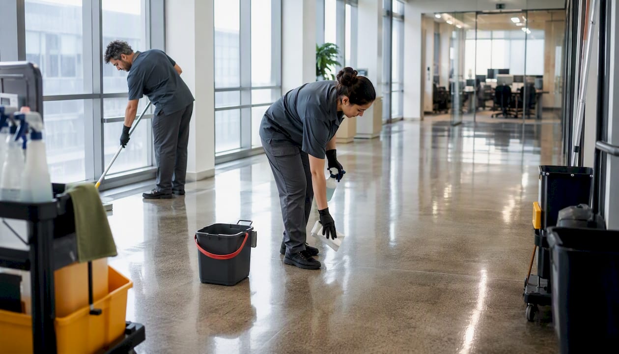 Janitorial crew mopping an office floor
