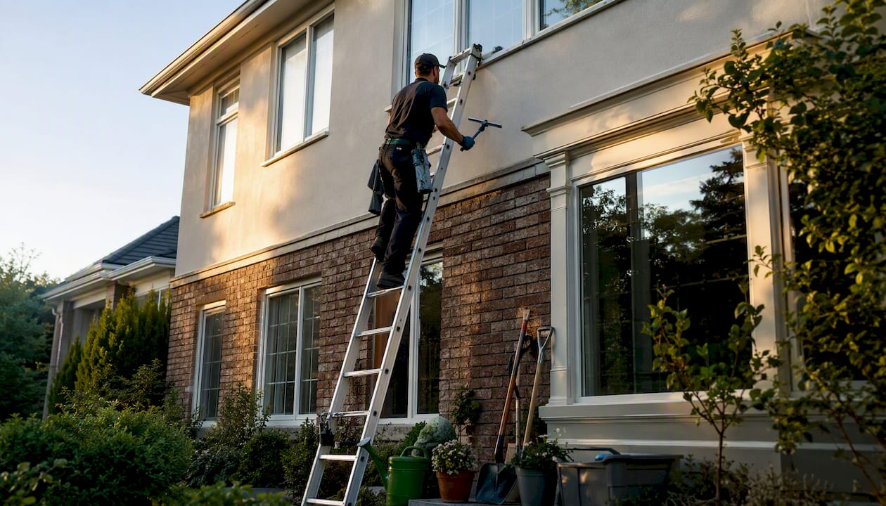 Window cleaner using extension ladder on two-storey home