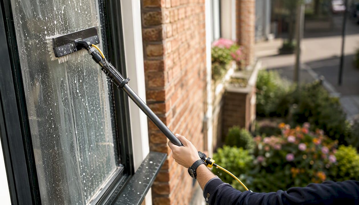 Window cleaner using water-fed pole on home exterior