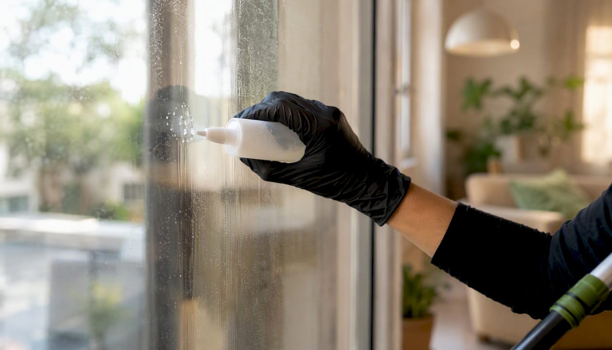 Gloved hand cleaning hard water stains on window pane